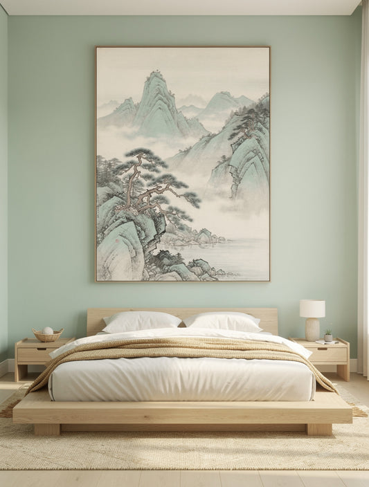 Celadon Mist Mountain Stillness | Korean Minimalist Art