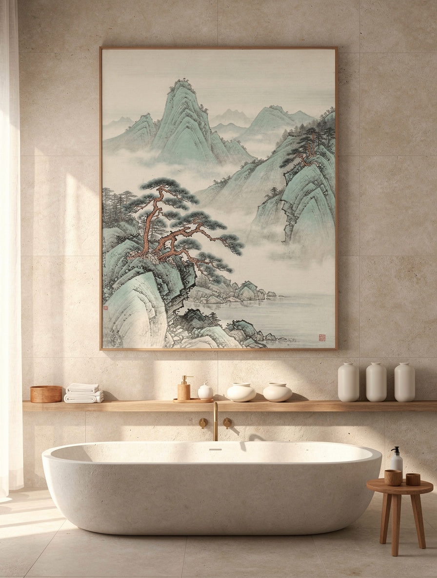 Celadon Mist Mountain Stillness | Korean Minimalist Art