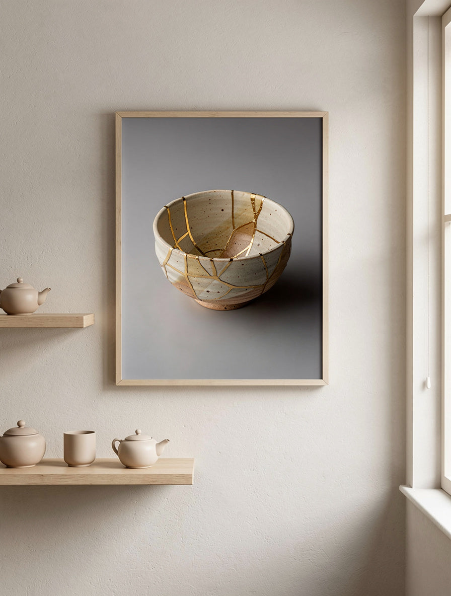Cracked Ceramic Bowl Stillness | Wabi-Sabi Wall Art