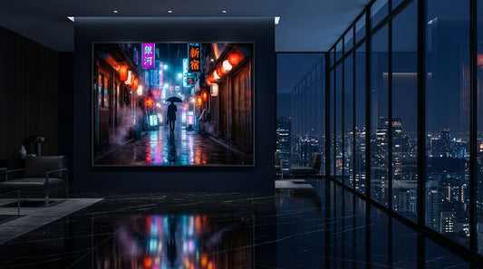 Rainy Night in Tokyo Cityscape Wall Art | Neon-Lit Urban Skyline Print | Japanese Street Scene