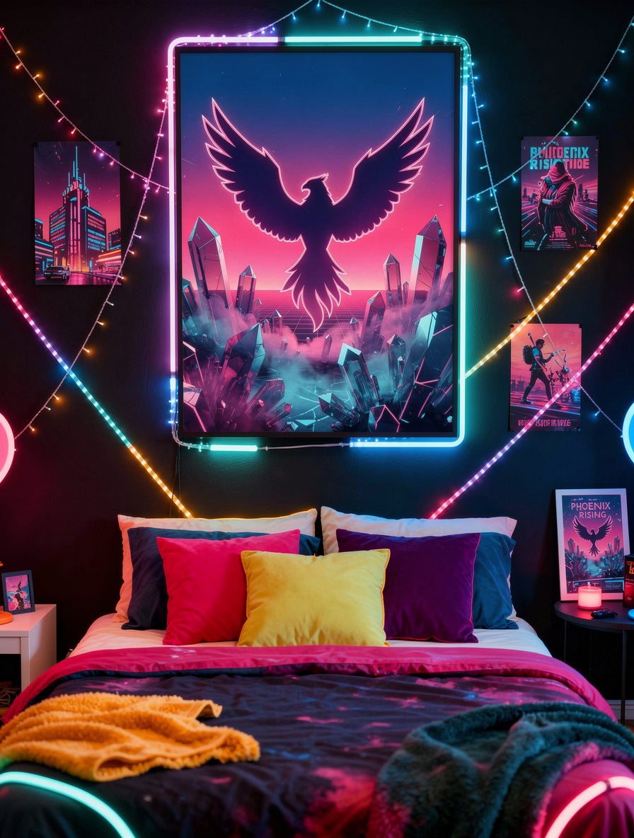 Synthwave Phoenix Rising | Neon Retro Futurism Canvas