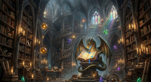 Ancient Dragon's Library Canvas Wall Art | Fantasy Dark Academia Print | Mythical Dragon Book Lover Decor