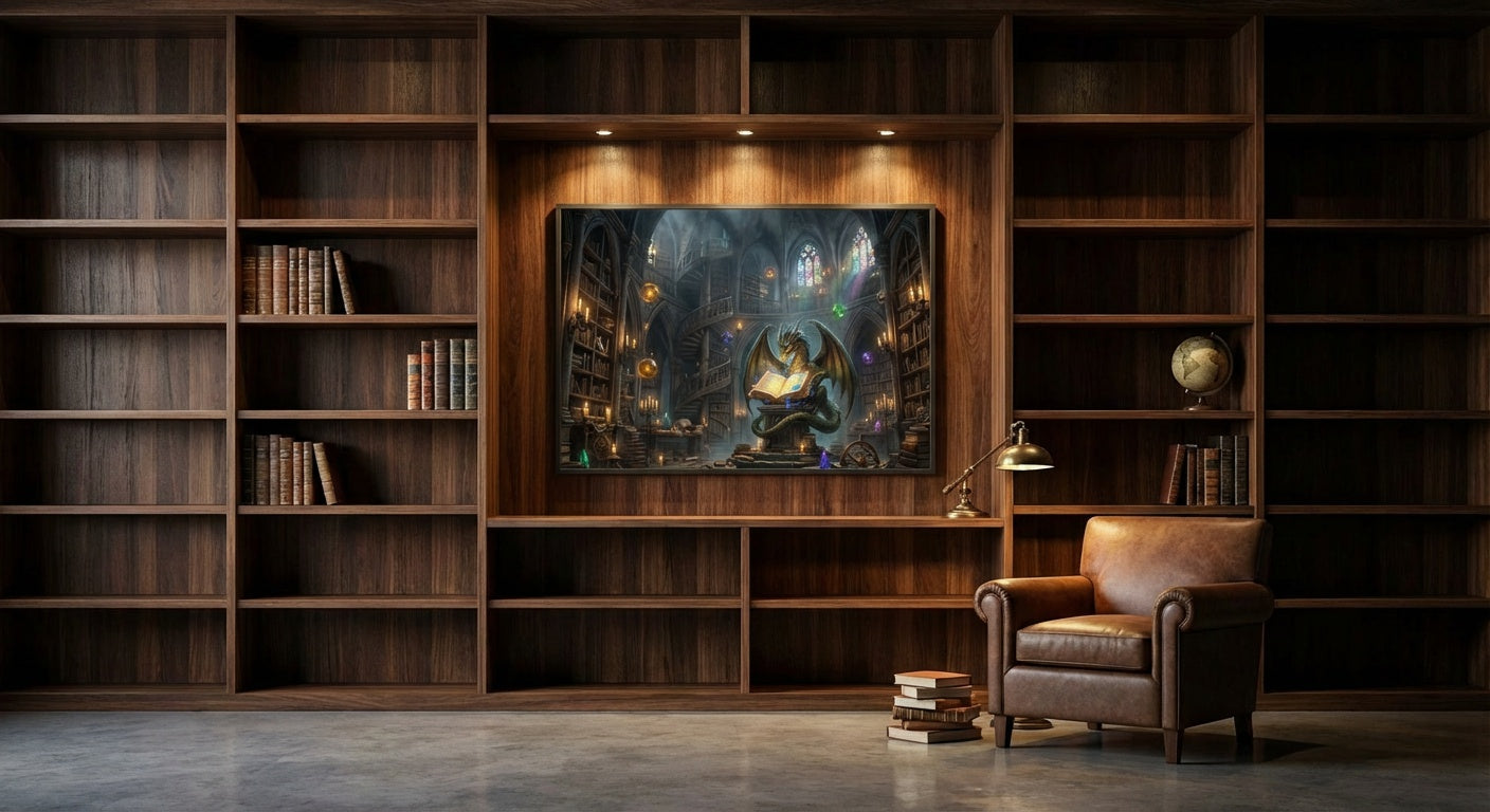 Ancient Dragon's Library Canvas Wall Art | Fantasy Dark Academia Print | Mythical Dragon Book Lover Decor
