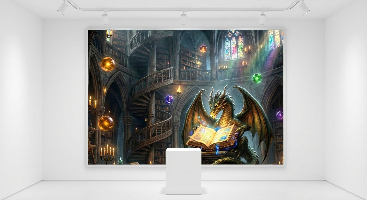 Ancient Dragon's Library Canvas Wall Art | Fantasy Dark Academia Print | Mythical Dragon Book Lover Decor