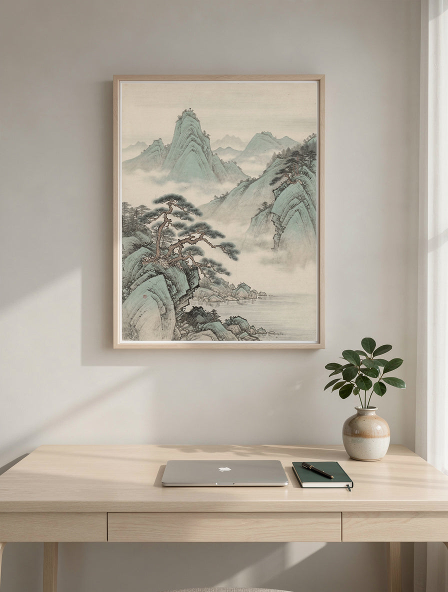 Celadon Mist Mountain Stillness | Korean Minimalist Art