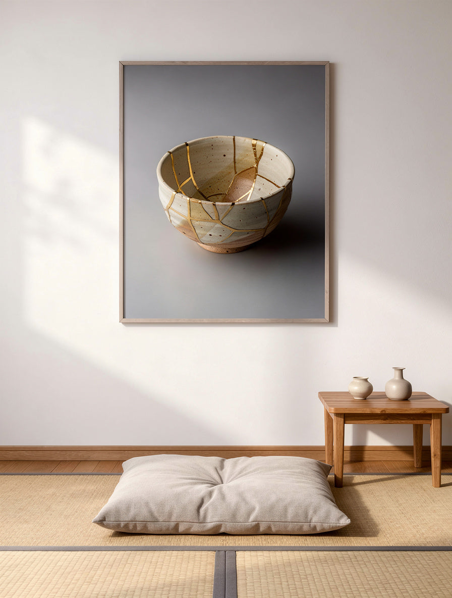 Cracked Ceramic Bowl Stillness | Wabi-Sabi Wall Art