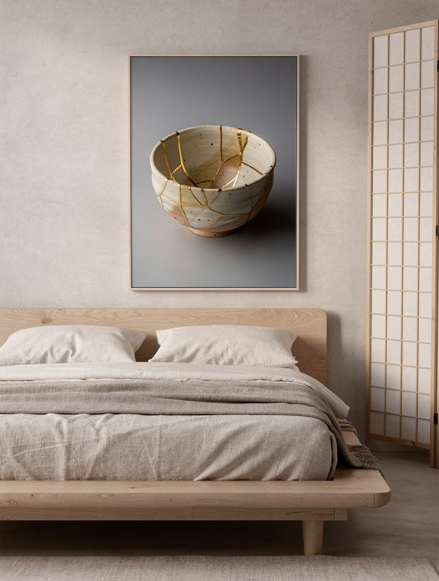 Cracked Ceramic Bowl Stillness | Wabi-Sabi Wall Art