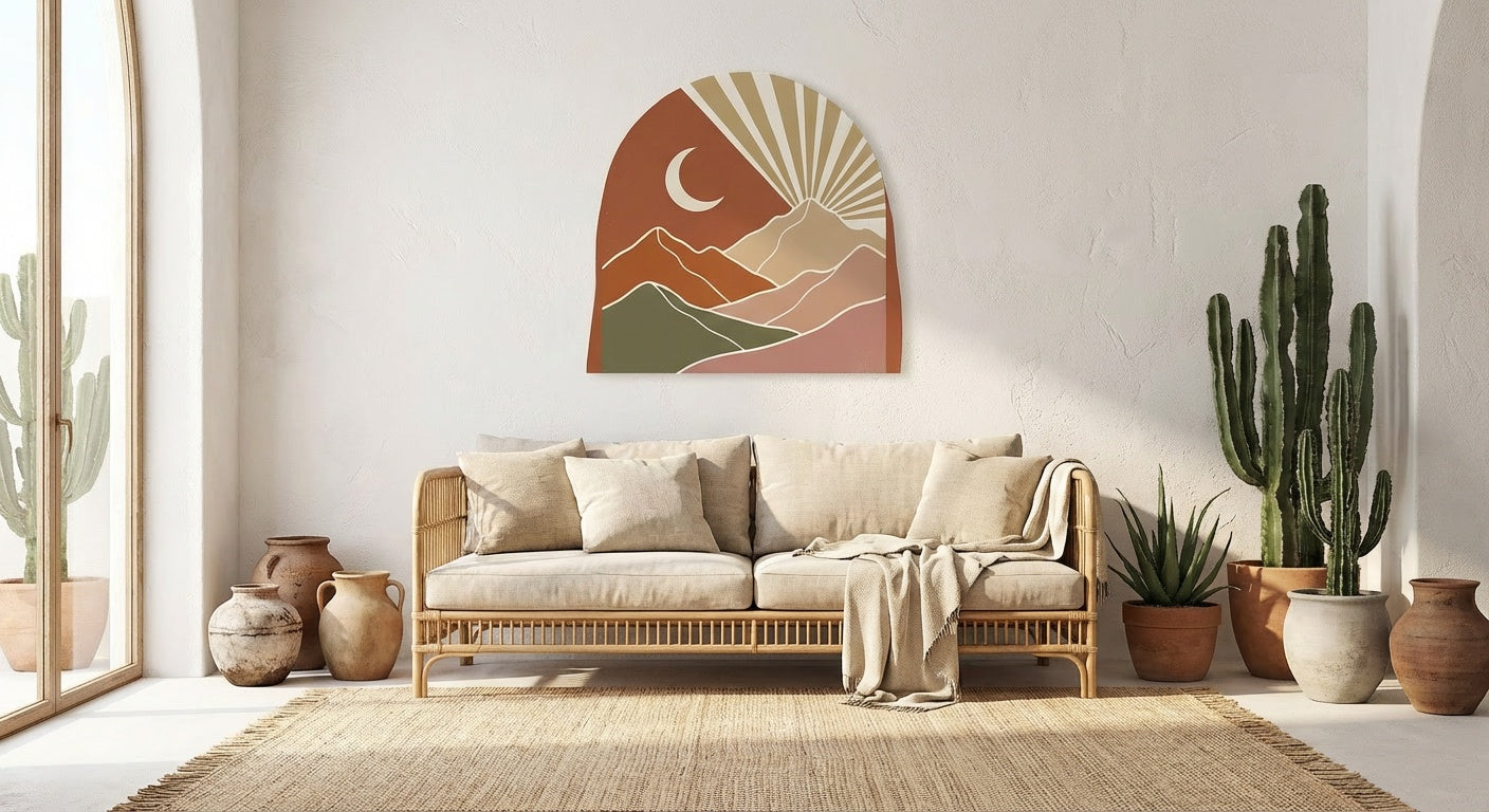 Desert Moon Dreamscape Minimalist Boho Wall Art | Bohemian Dreamcatcher Desert Canvas Print