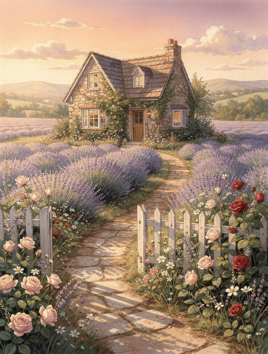 Golden Hour Lavender Cottage | Cottagecore Wall Art