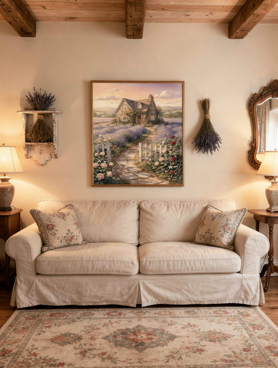 Golden Hour Lavender Cottage | Cottagecore Wall Art