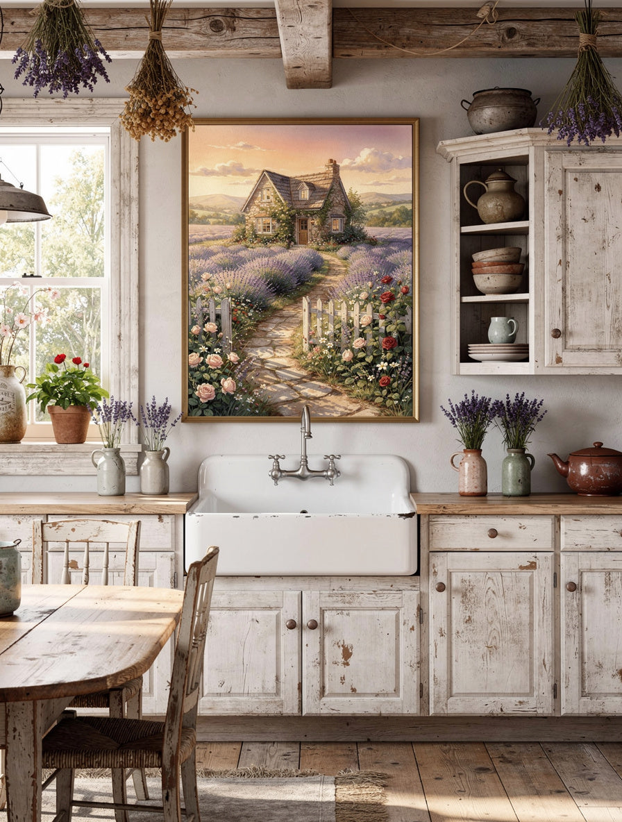 Golden Hour Lavender Cottage | Cottagecore Wall Art