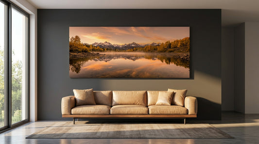Golden Hour at Mountain Lake Canvas Wall Art | Serene Sunset Nature Print for Modern & Nordic Interiors