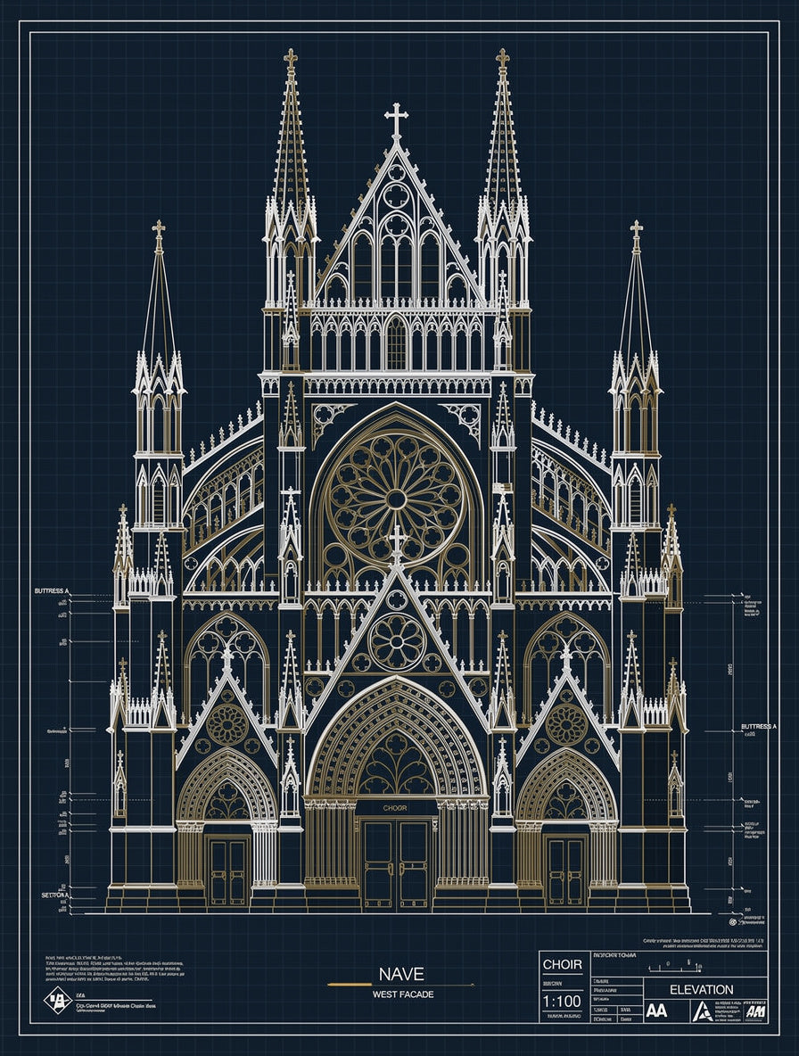 Gothic Cathedral Vertical Geometry Line Art | Blueprint