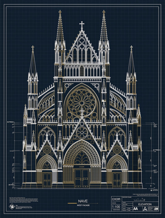 Gothic Cathedral Vertical Geometry Line Art | Blueprint