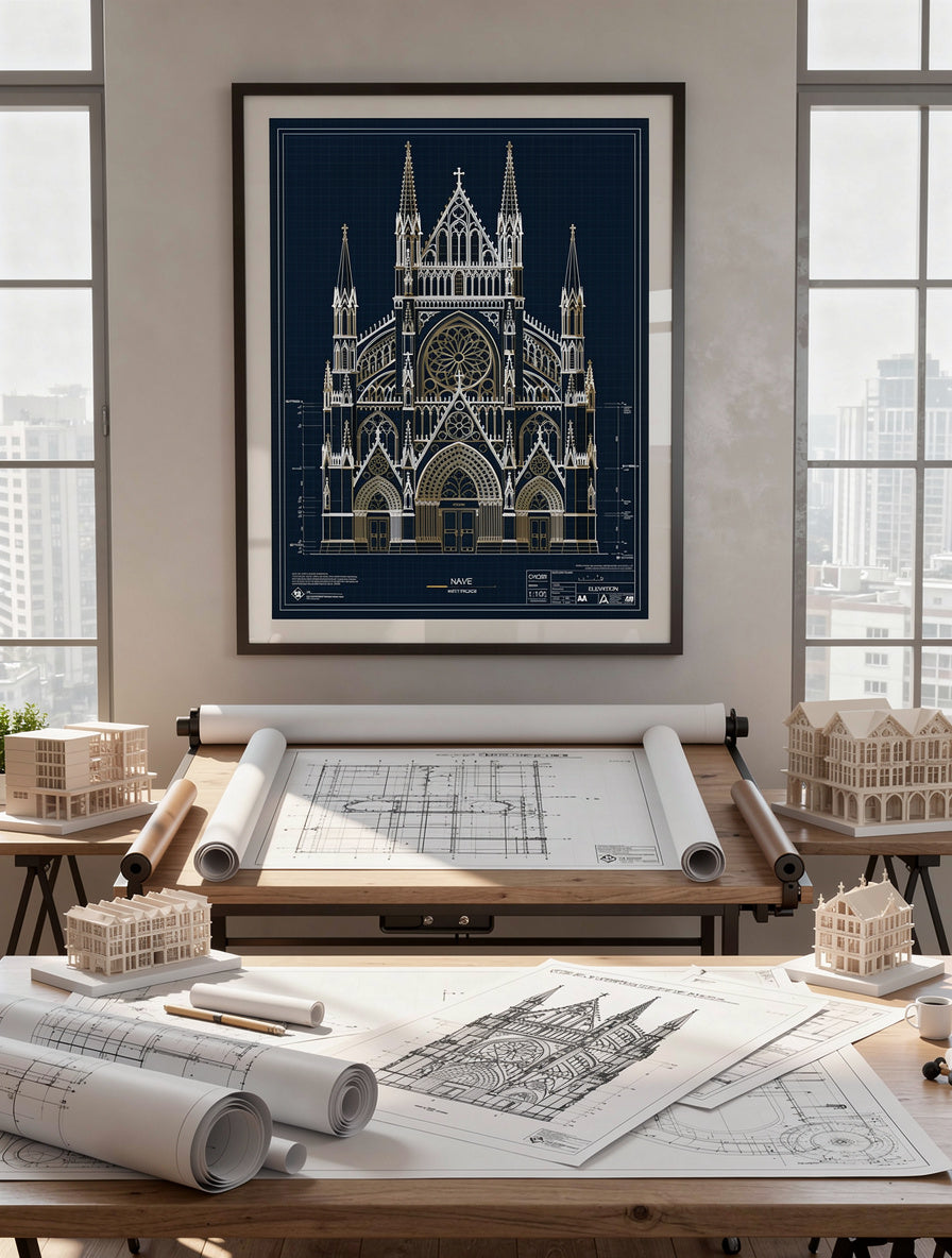 Gothic Cathedral Vertical Geometry Line Art | Blueprint
