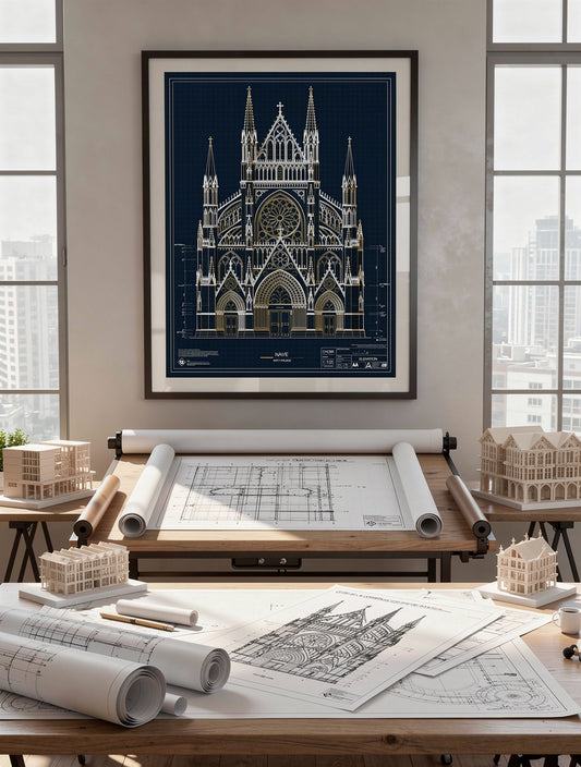 Gothic Cathedral Vertical Geometry Line Art | Blueprint