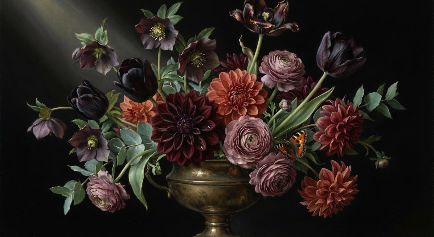 Midnight Dahlia Vanitas Dark Floral Wall Art | Moody Botanical