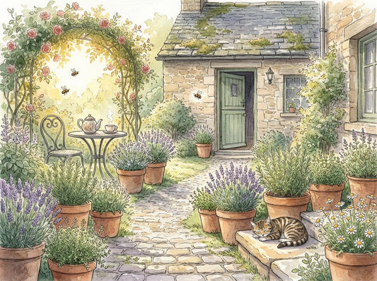 Morning in the Herb Garden Cottagecore Wall Art | Pastoral Watercolor Print | Farmhouse Kitchen Decor