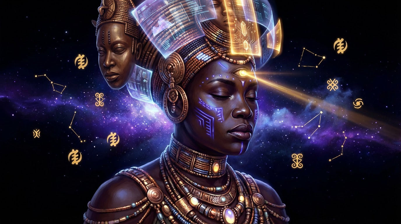 Oracle of the Indigo Nebula – Afrofuturist Cosmic Wall Art | Cultural Futurism Print