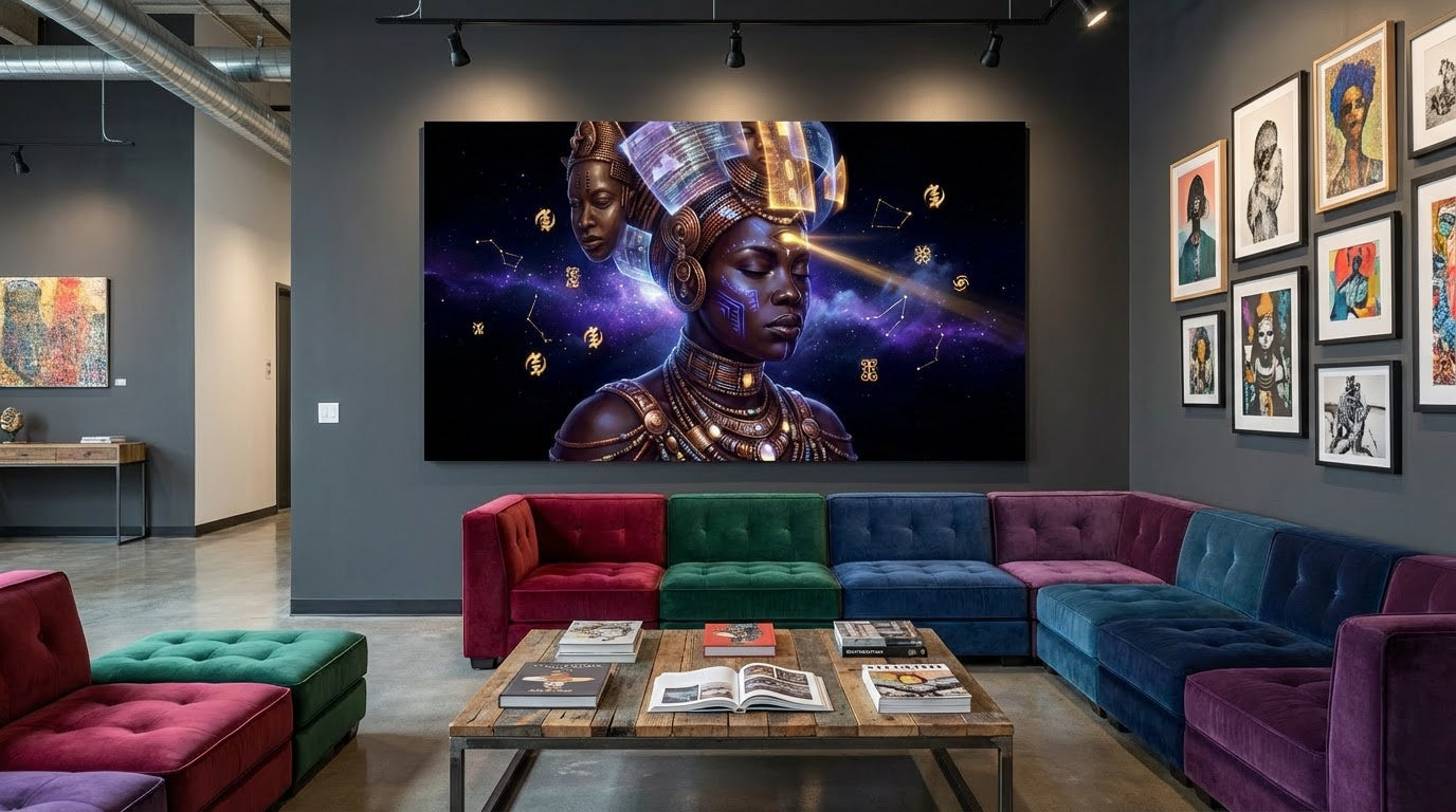 Oracle of the Indigo Nebula – Afrofuturist Cosmic Wall Art | Cultural Futurism Print