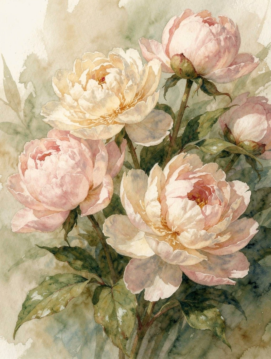 Peonies in Morning Mist Watercolor | Botanical Art