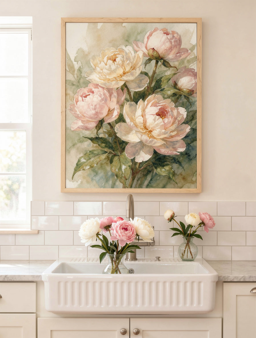 Peonies in Morning Mist Watercolor | Botanical Art