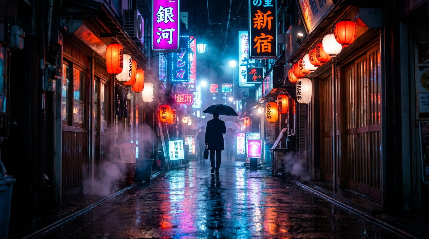 Rainy Night in Tokyo Cityscape Wall Art | Neon-Lit Urban Skyline Print | Japanese Street Scene
