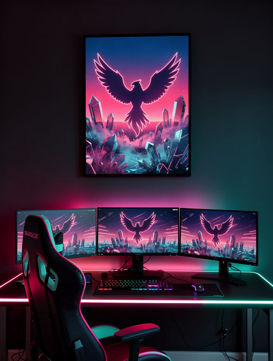Synthwave Phoenix Rising | Neon Retro Futurism Canvas
