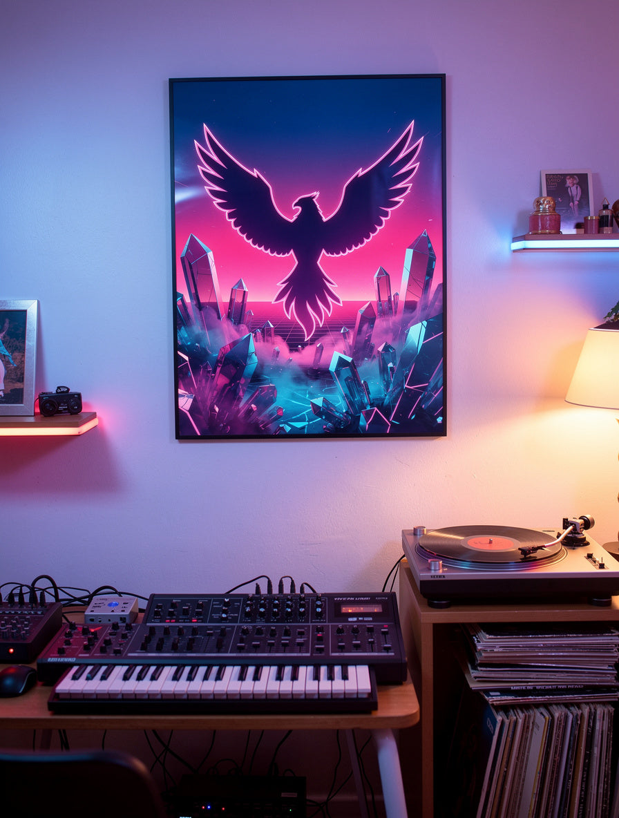Synthwave Phoenix Rising | Neon Retro Futurism Canvas