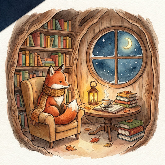 Fox's Moonlit Library Storybook Wall Art | Nursery Print