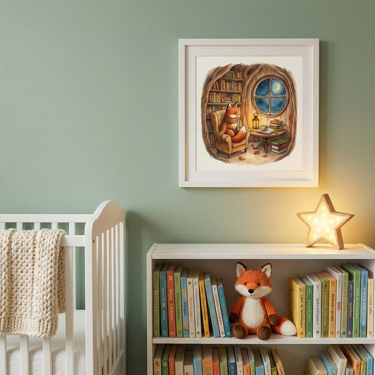 Fox's Moonlit Library Storybook Wall Art | Nursery Print
