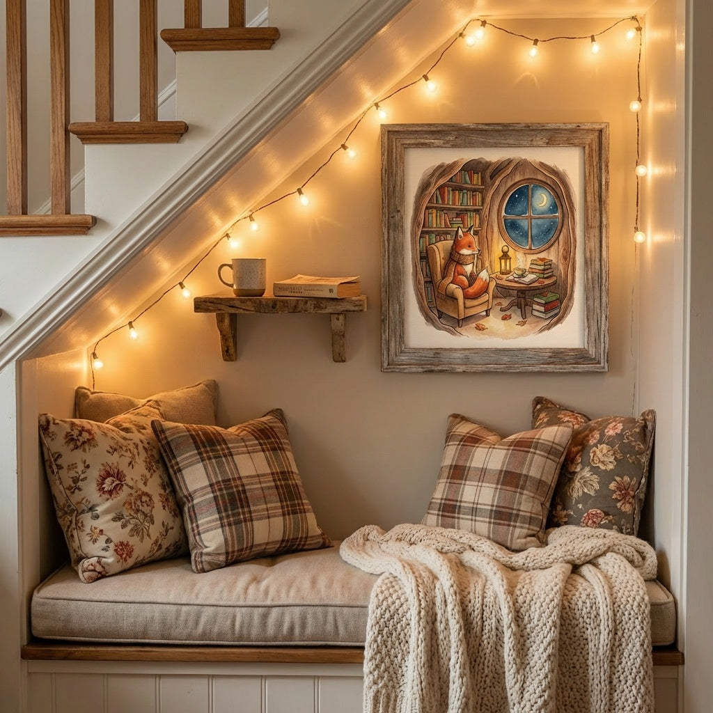 Fox's Moonlit Library Storybook Wall Art | Nursery Print